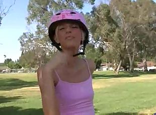 She rides her bike then rides his cock